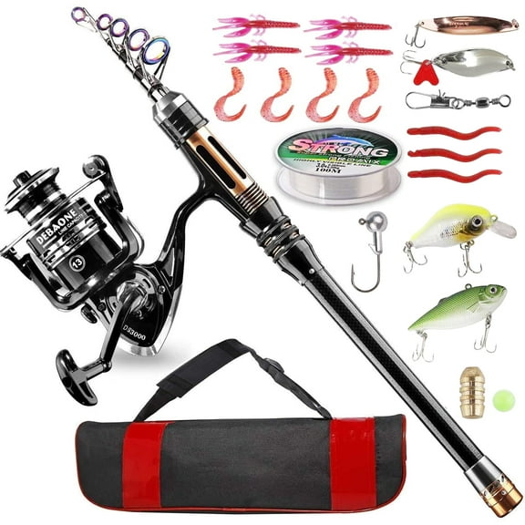 Fishing Rod Kit, Carbon Fiber Telescopic Fishing Pole and Reel Combo with Spinning Reel, Line, Lure, Hooks and Carrier Bag, Fishing Gear Set for Beginner Adults Saltwater