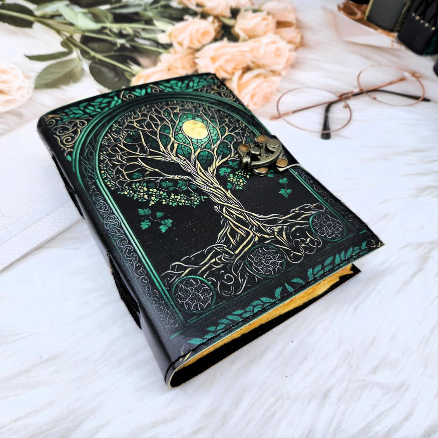 Premium Leather Tree and Moon Printed Journal – 7x5 Inch Sketchbook Notebook