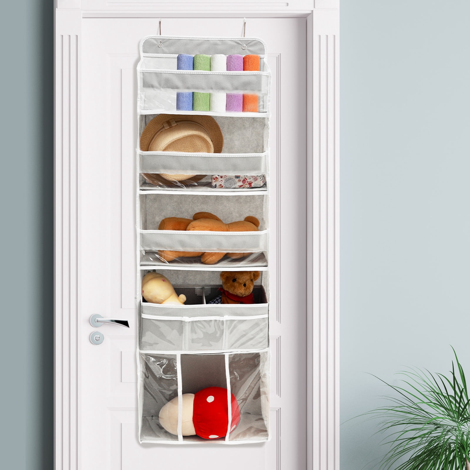 Door Hanging Storage Organizer,with 3 Bins 1 Movable Baby Diaper Caddy,1 Large capacity diaper stacking storage Organizer,10 Side Pockets ,Bedroom Door Storage for Nursery Baby Essentials