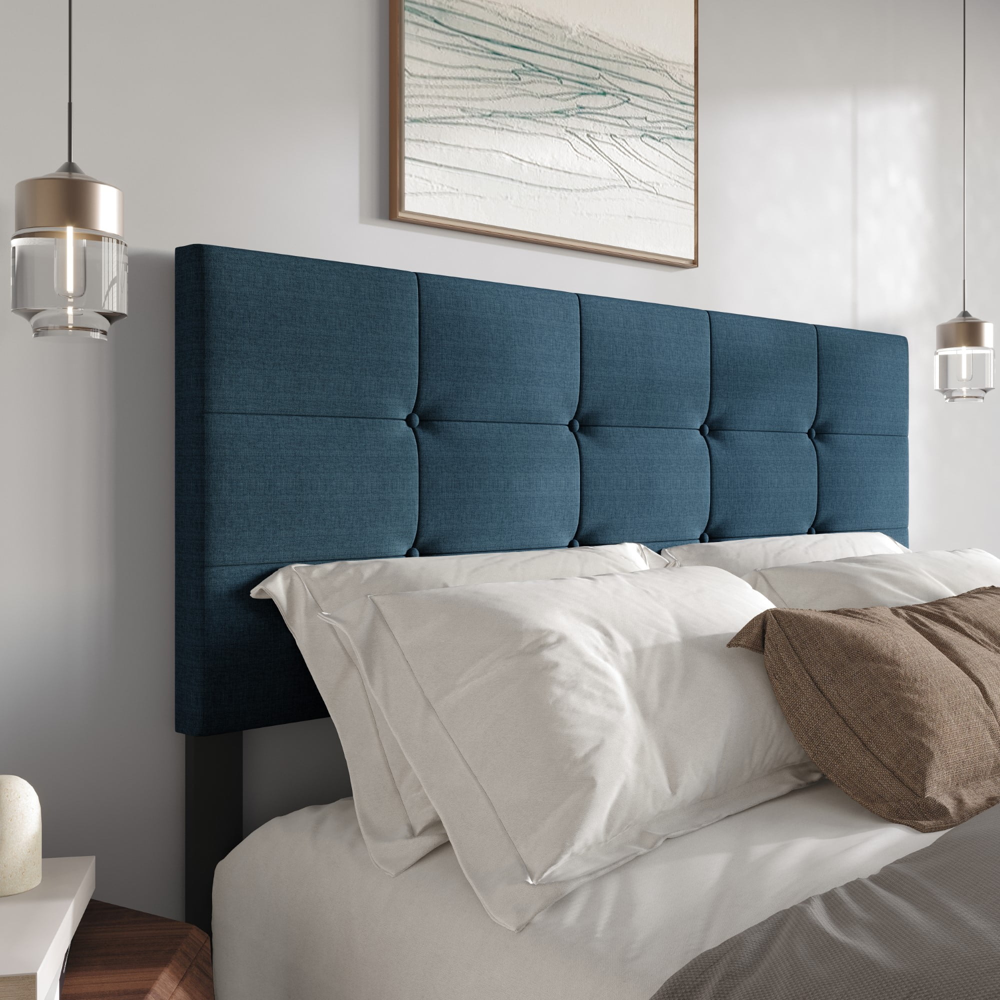 Home Design Dillon Full Tufted Upholstered Headboard with Foam Padding and Adjustable Height, Denim Blue, Easy Assembly