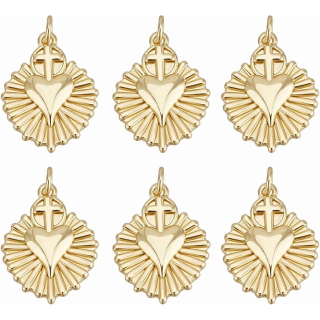 8 dijes de corazón sagrado de latón chapado en oro de 18 quilates con forma de corazón y anilla de 3,5 mm.