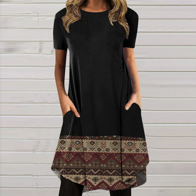 SMihono Robe d'Été Boho pour Femmes Grande Taille Mode Femmes Décontractée Col Rond Imprimé Manches Courtes Robe avec Poche