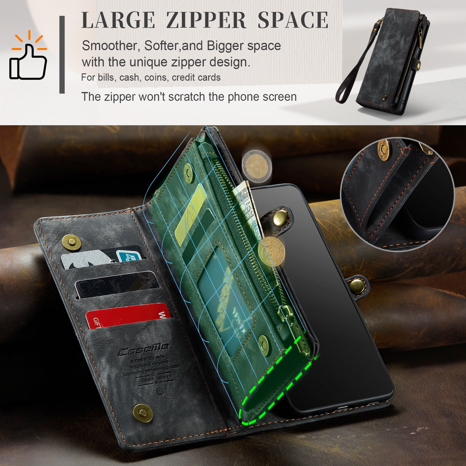 Feishell Durable 2-In-1 Magnetic Detachable Wallet Case for Samsung Galaxy S22,for Women Men,Premium PU Leather Zipper Pocket Flip Multi Card Slots Purse Phone Case with Wrist Strap,Black