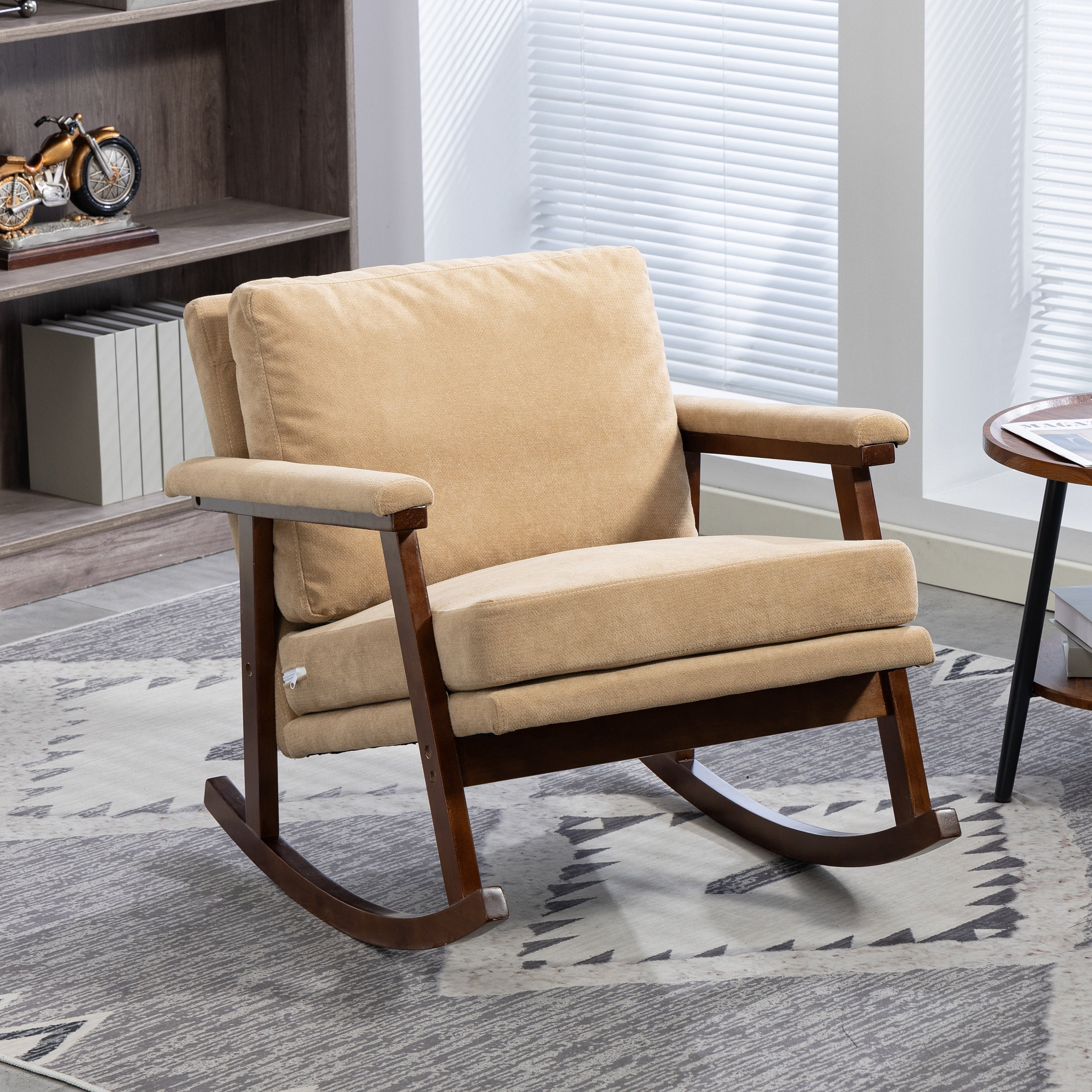 Paproos Rocking Chair, Paproos Velvet Upholstered Rocker Chair, Glider Rocker Accent Chair with Cushion, Rocking Chair for Nursery, Armchair Reading Chair for Living Room Bedroom, Khaki