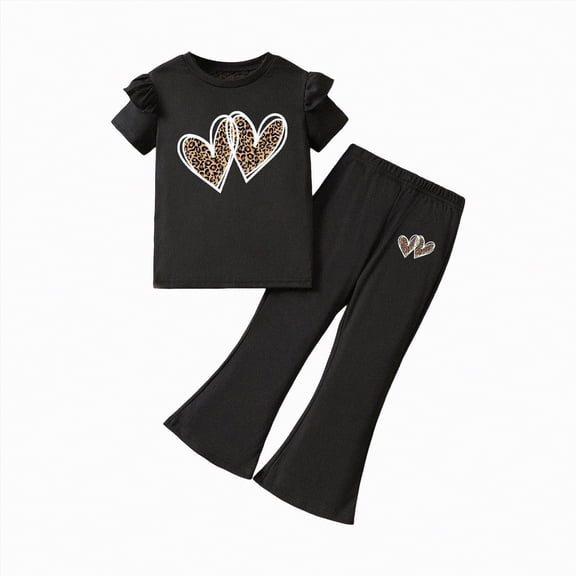NIEWTR Kid Girl Outfits Girls 2 Piece Outfits Crew Neck Tops and Bell Bottom Pants Set Kids Heart Print T-Shirt Y2K Sets 3-7 Years(A-Black,7-8 Years)