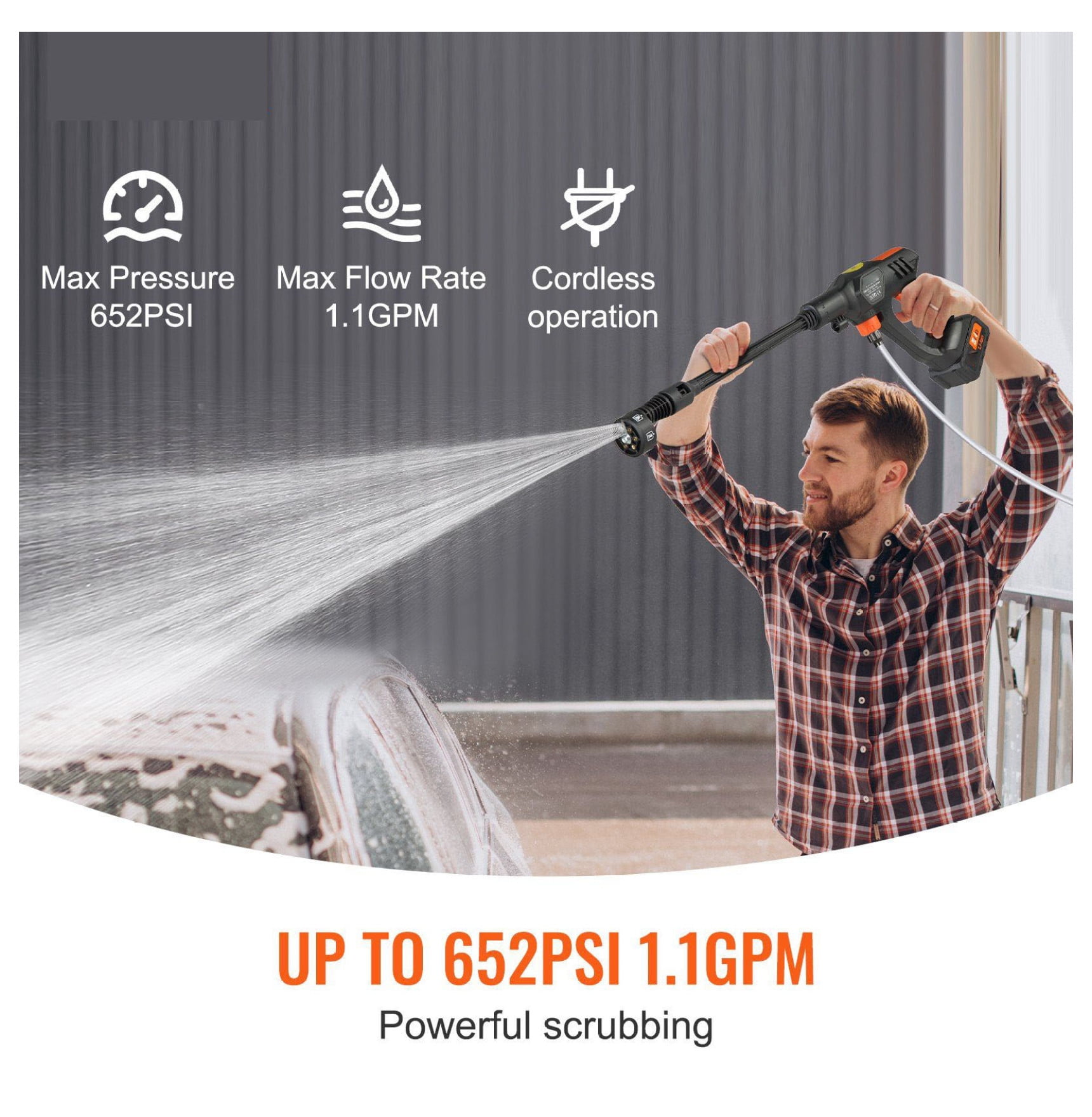 Cordless Pressure Washer 652 PSI 1.1 GPM Portable Power Cleaner, Handheld Car Wash Gun with 4.0Ah Battery, 6-in-1 Nozzle, for Auto, Patio, Floor Cleaning