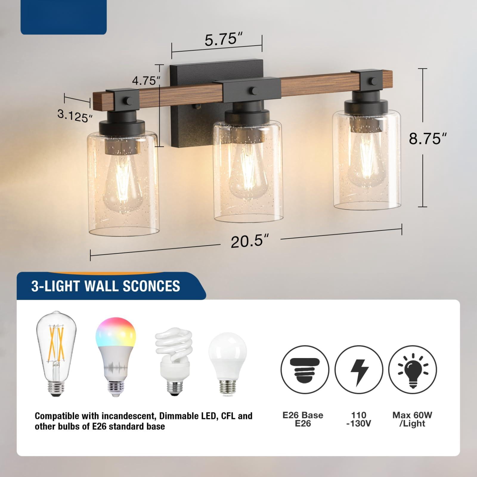 3-light Farmhouse Vanity Light Fixture  Rustic Wood Bathroom Fixtures Industrial Vintage Black Wall Sconces Lights With Bubble Glass Shade For Mirror Bedroom Living Room Hallway