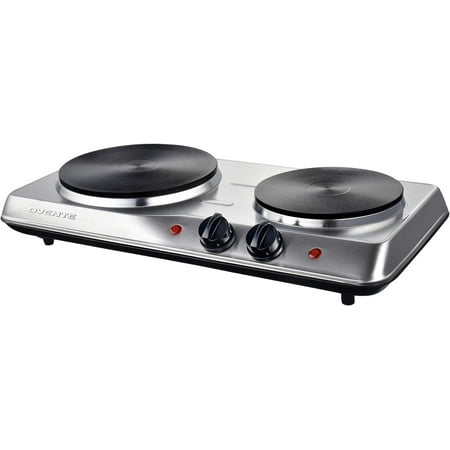 OVENTE Electric Countertop Double Burner, 1700W Cooktop with 7.25" and 6.10" Cast Iron Hot Plates, Temperature Control, Portable Cooking Stove and Easy to Clean Stainless Steel Base, Silver BGS102S