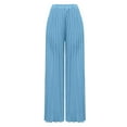 thumbnail image 4 of Olyvenn Women's Fashion Summer Casual Solid Chiffon Pockets Elastic Waist Full Length Long Pants Double Layer Crinkle Wide Leg Pants Trousers Flare Trousers Sky Blue 4, 4 of 5