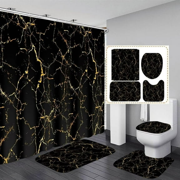 4 Pcs Shower Curtain Sets Black and Gold Marble Bathroom Sets with Shower Curtain and Rugs and Accessories Luxury Bathroom Curtain Decor Sets with 12 Hooks