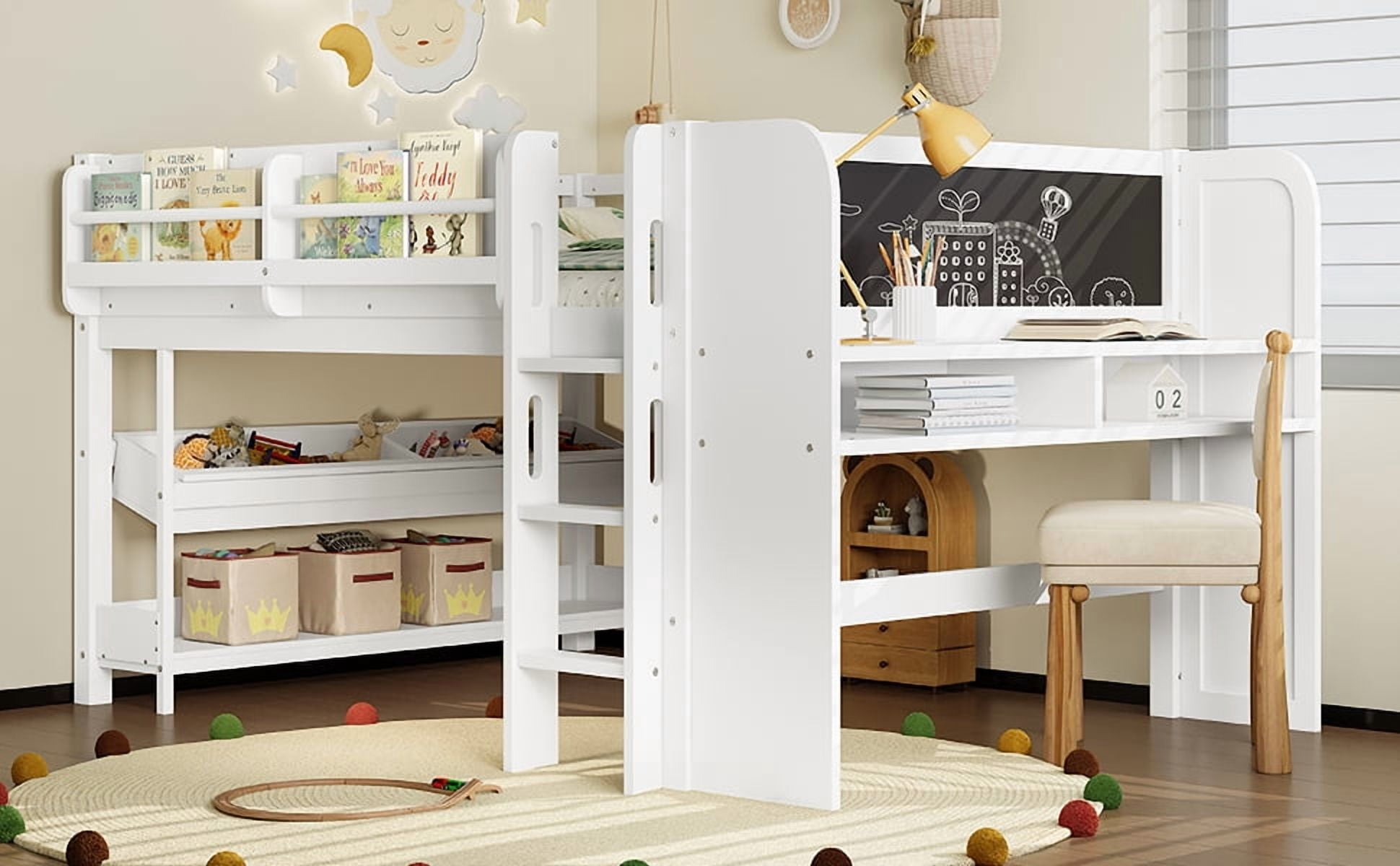 Mintazer Full Low Loft Bed with Desk & Blackboard, Kids Loft Bed with Storage Drawers, No Spring Box Needed, White