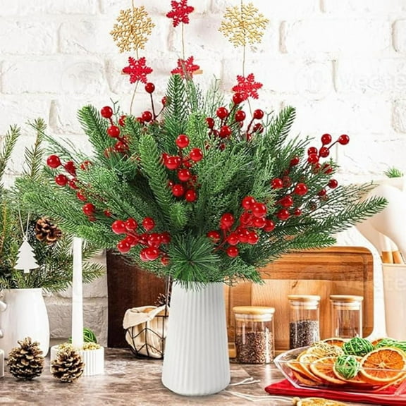 60 stems of artificial pine branches with realistic shape, red berries, faux cedar pine needles, suitable for floral arrangement, Christmas tree decoration