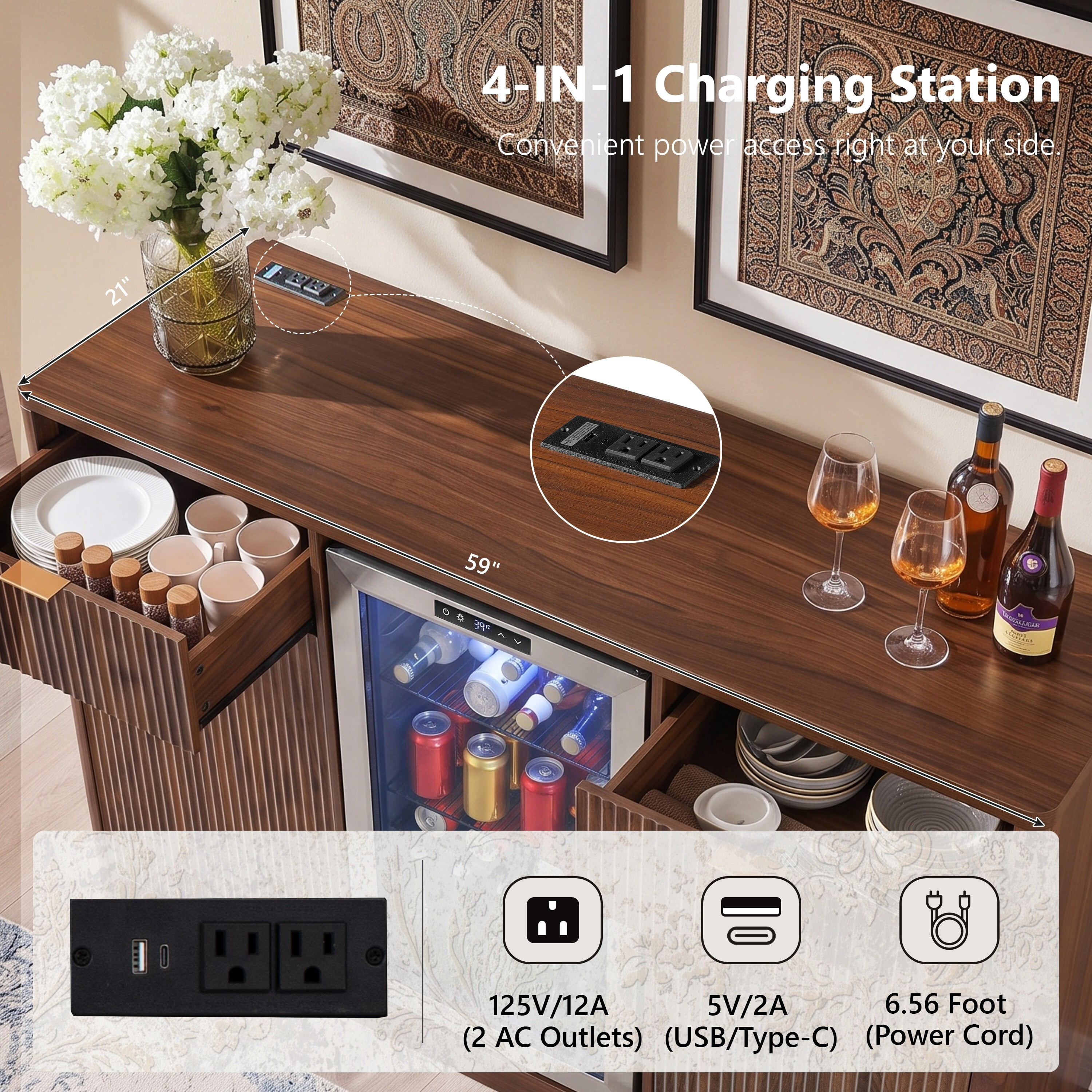 Euroco 59" Coffee Bar Cabinet with Mini Fridge Space,Fluted Buffet Sideboard & Liquor Cabinet with Charging Station,Tilt-Out Trash Cabinet and Wine Glass Holder for Kitchen Dining Room,Walnut