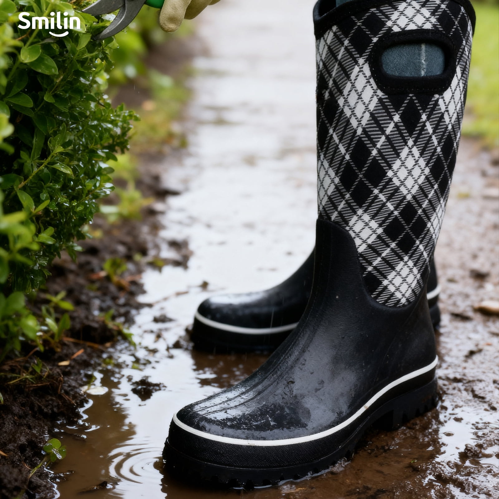 SMILIN Rain Boots for Women, Anti-slip Mid Calf Women Mud Boots, Plaid, Size 8