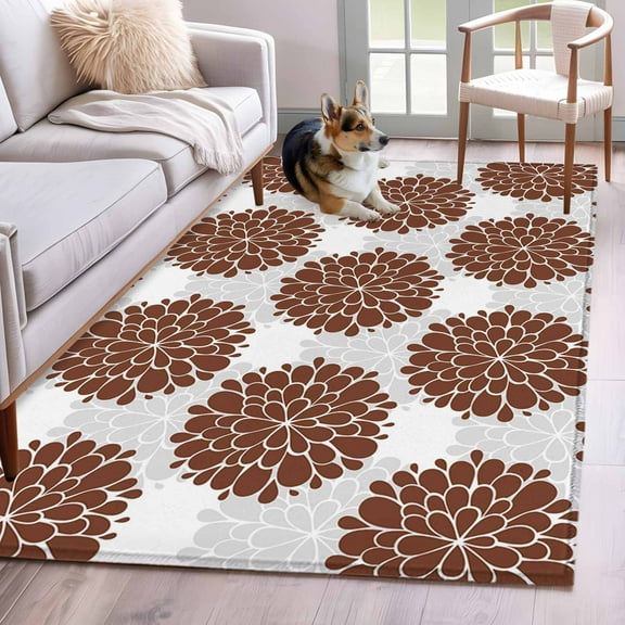Brown Dahlia Area Rug 4x6 Washable Rug Non Slip Vintage Abstract Grey Flowers Floral Large Area Rug Indoor Floor Carpet for Entryway Bedroom Kitchen Living Room Home Office Dining Room Nursery