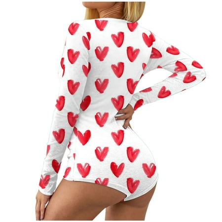 

Womens Sexy One Piece Pajamas V Neck Long Sleeve Short Jumpsuit Butt Button Flap Adults Sleepwear Printed Rompers