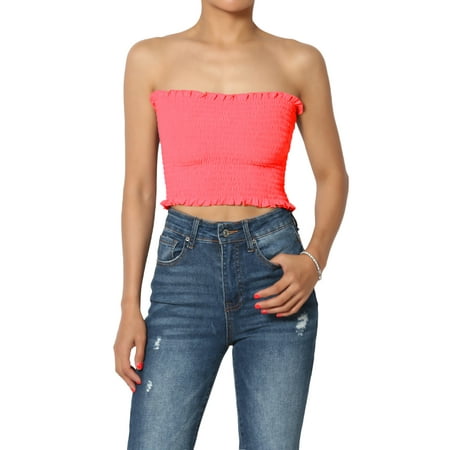 

TheMogan Women s PLUS Strapless Frilled Trim Shirred Smock Crop Tube Top Stretch Bustier