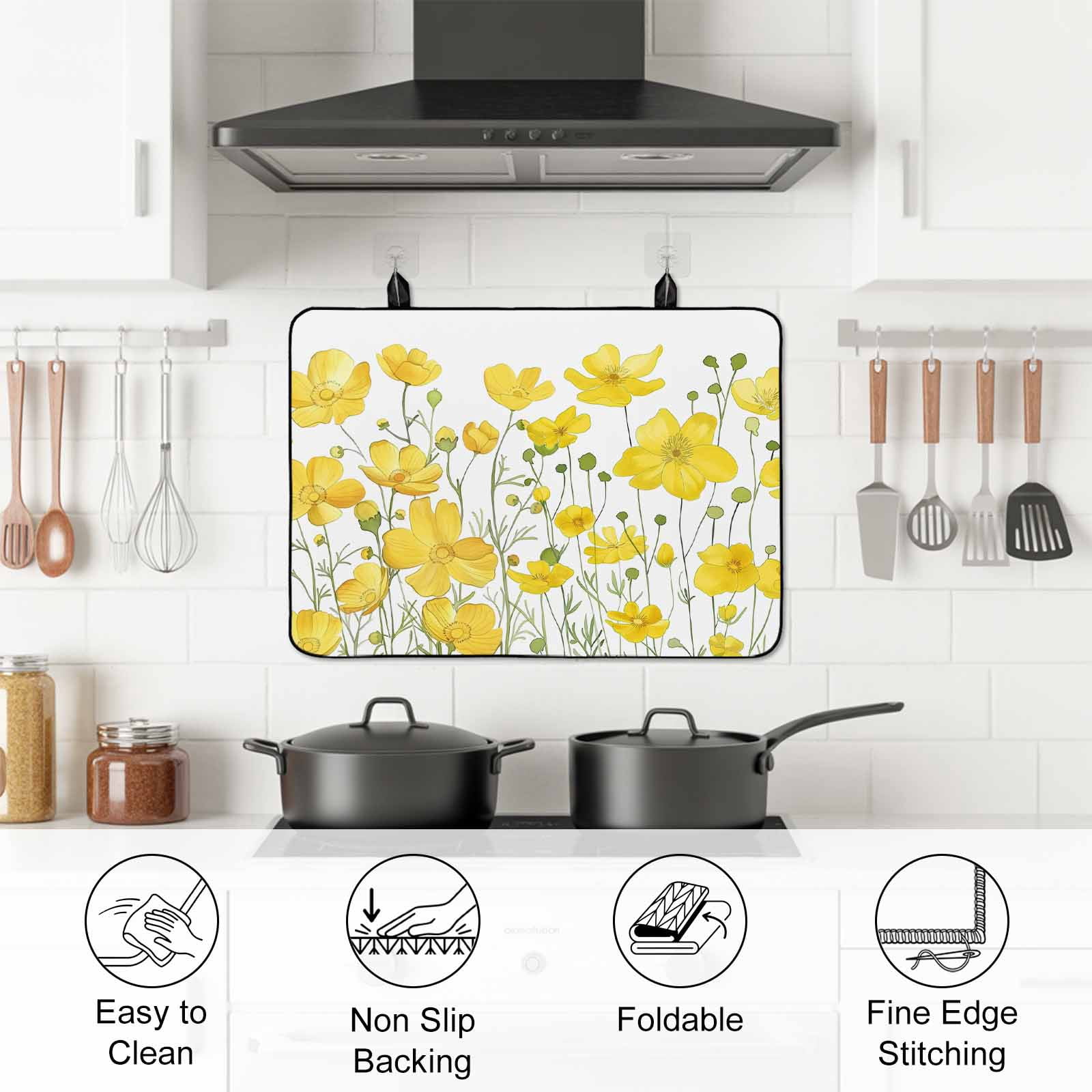 Yellow Daisy Stove Top Cover for Electric Stove, Heat-proof & Non Slip Glass Top Stove Cover Protector, Spring Floral Summer Botanical Watercolor Kitchen Flat Cooktop Rubber Mat 28.5x20.5 Inches