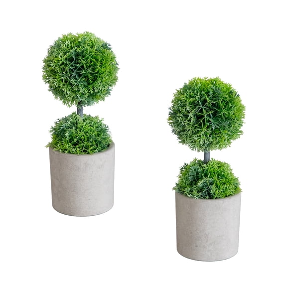 9in. Artificial Mini Cedar Ball Topiary in Cement Planter - Set of 2