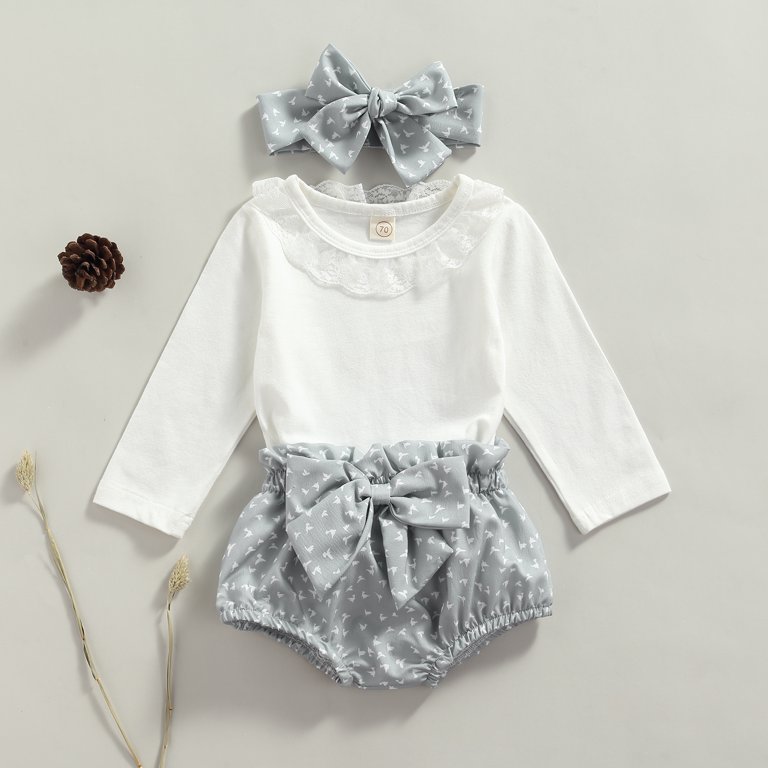 Newborn Toddler Baby Girl 3Pcs Suit Clothes Long Sleeve Romper Tops and  Polka Dot Short Set Infant Fall Cute Outfit (White and Gray,0-3 Months)