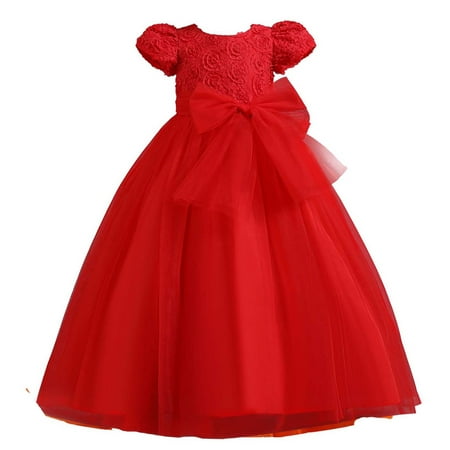 

HAPIMO Girls s Party Gown Birthday Dress Lace Flower Bowknot Lovely Puff Sleeve Princess Dress Holiday Relaxed Comfy Round Neck Mesh Tiered Swing Hem Cute Red 7-8 Years