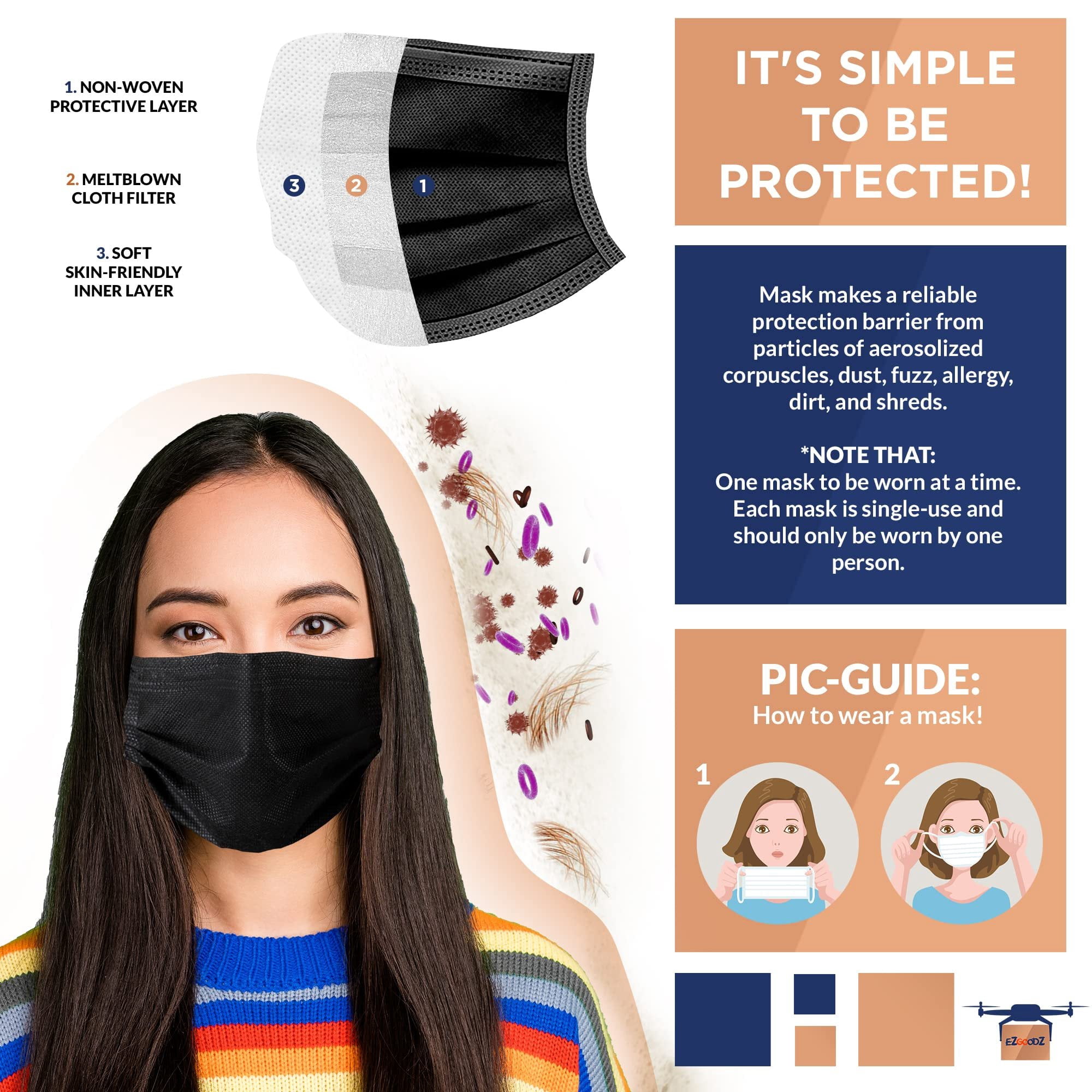 Disposable Black Face Masks in Bulk. Pack of 2500 Adult Mouth & Nose Masks. 3-ply Mouth Covers with Nose Wire. Unisex Face Dust Protection with Adjustable Earloops for Outdoor, Home, Office.