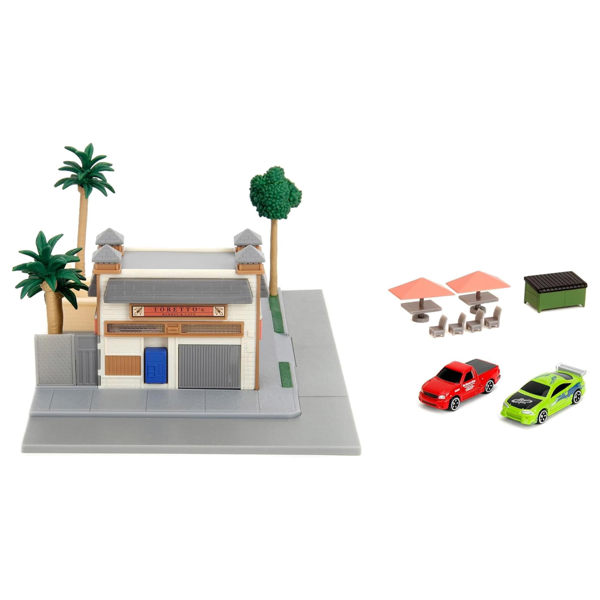 Jada Toys Fast & Furious Nanoscene: Toretto's Market & Cafe with 2 Nano Vehicles – Highly Detailed Movie Replica Playset, Collectible Scene for Ages 8+