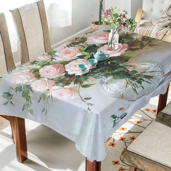 BZSMCE Square Tablecloth Blooming Blush Roses Pattern Tableclothes