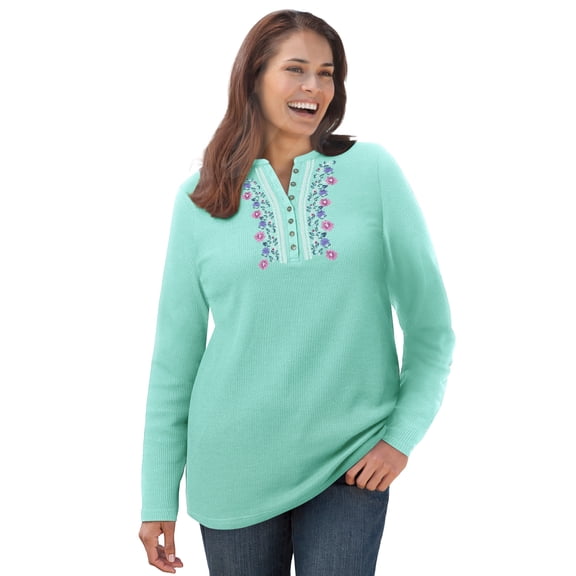 Woman Within Plus Size Embroidered Thermal Henley Tee