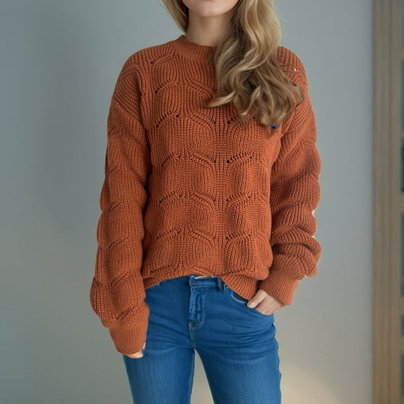 Vetsdori Womens Sweaters Solid Color Long Sleeve Pullover Casual Brown Round Knit Trendy Tops for Women Soft