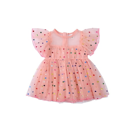 

TheFound Princess Baby Girls Summer Dress Colorful Polka Dot Printed Ruffles Fly Sleeve Lace Tutu Mini Dress