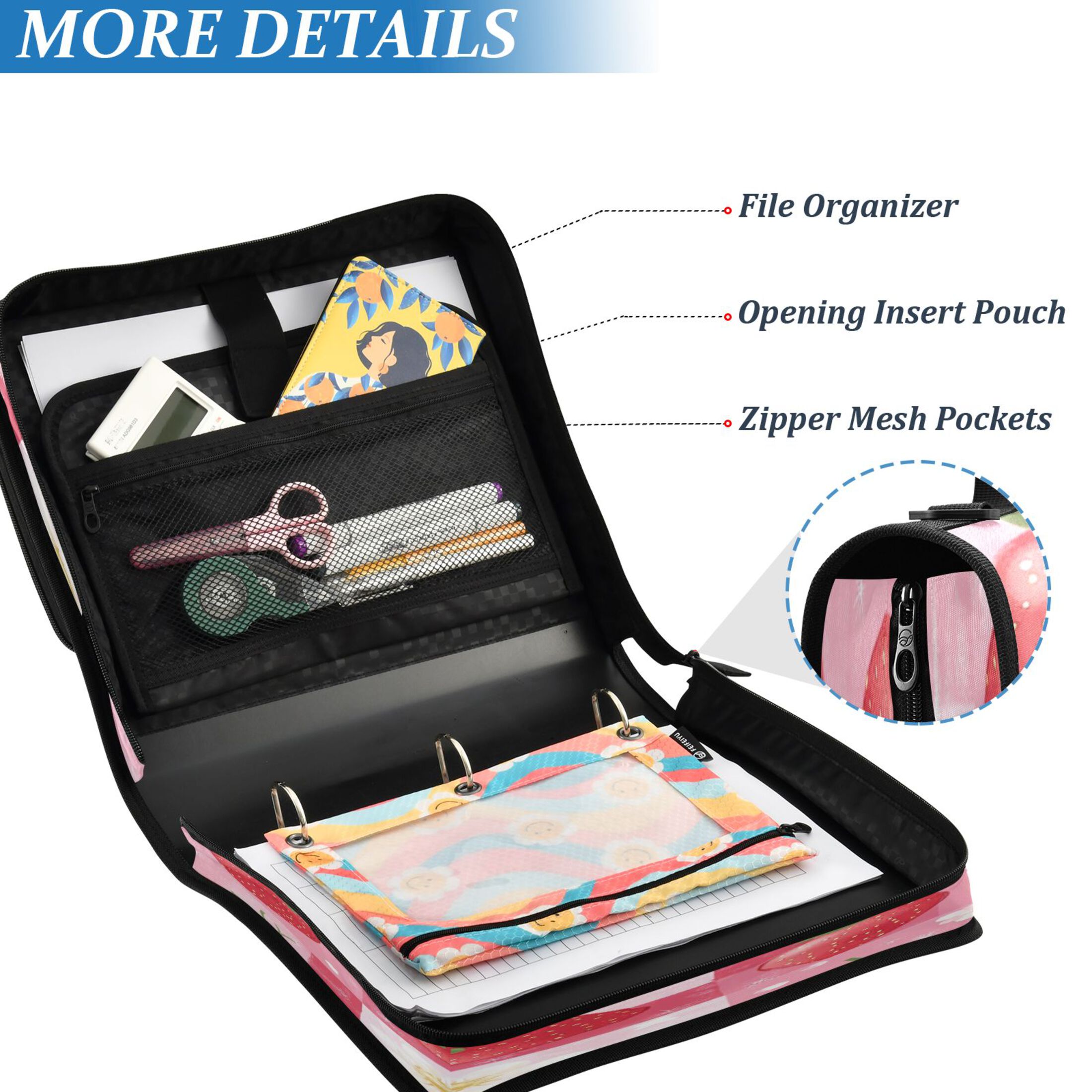 YAZAOO Zipper Binder trapper keeper Documents Organized Design Sweet Strawberry Printed