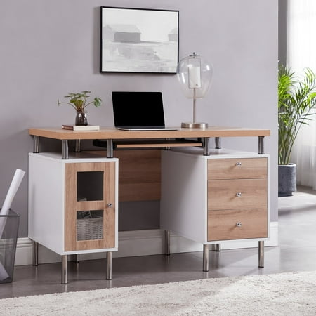 Elsy 3-Drawer File Cabinet Two-Tone Desk with Keyboard Tray, Power Outlets, USB Ports Charging Station, Metal Legs - 47.2" Wooden Computer Writing Desk Gaming Sturdy Home Office Desk- White
