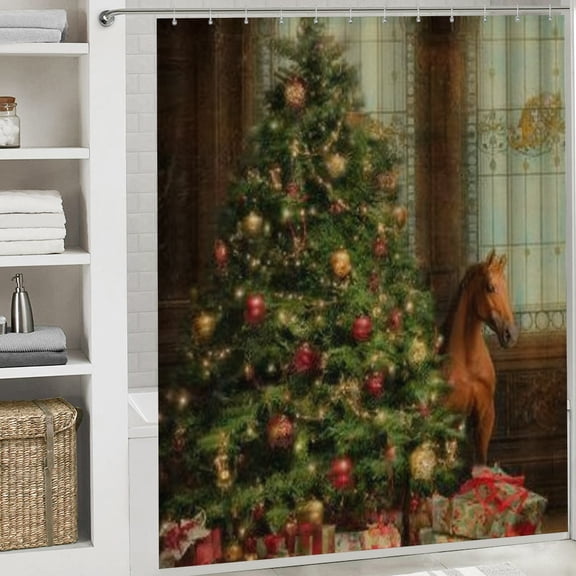 RKSupls Christmas Shower Curtain, Vintage Ambiance Shower Curtain with Hooks for Christmas Home Bathroom Decor Washable Curtains, 72x72 in