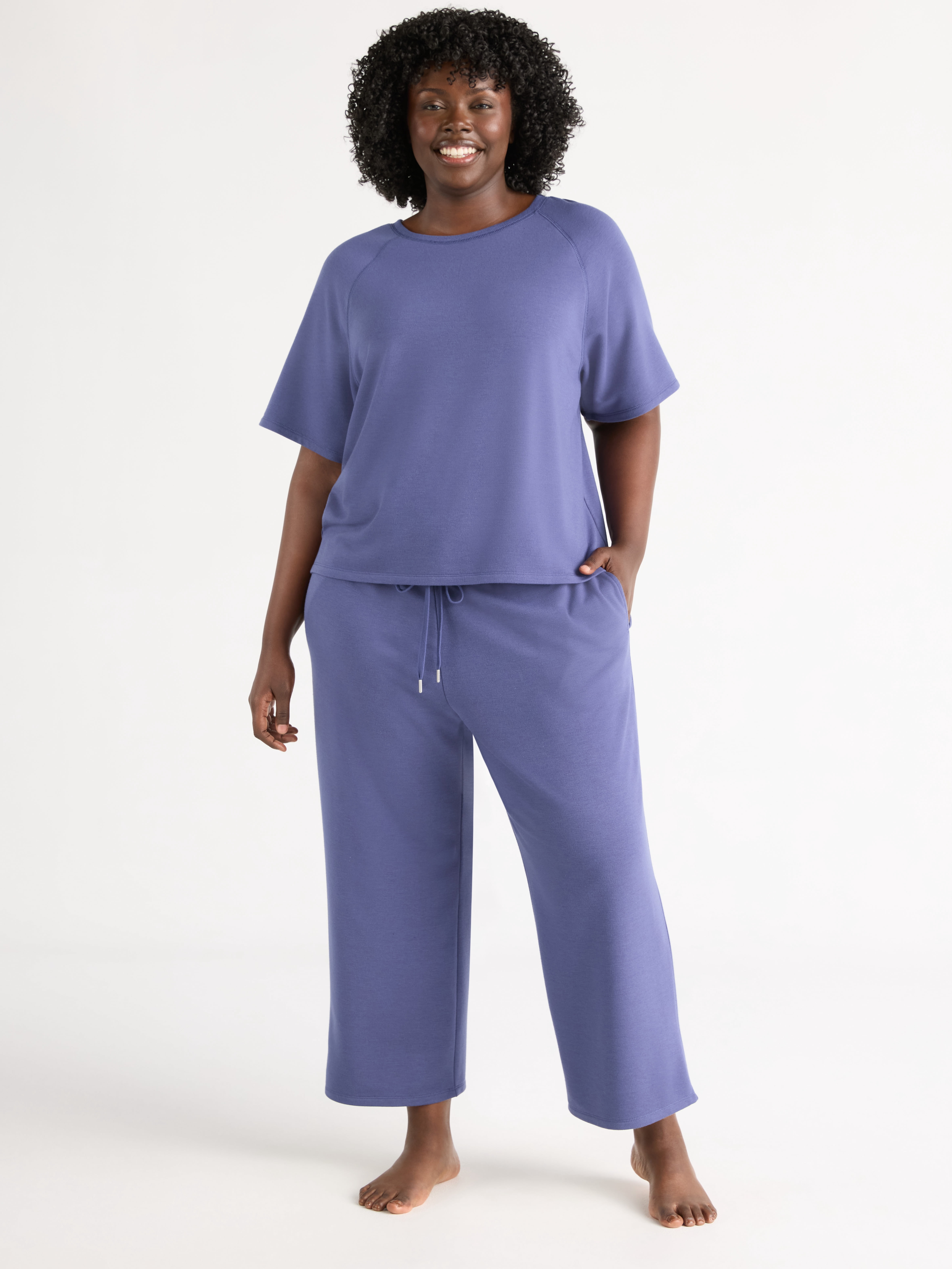 Joyspun Women's French Terry Short Sleeve Top and Capri Pants Pajama Set, 2-Piece, Sizes XS-3X