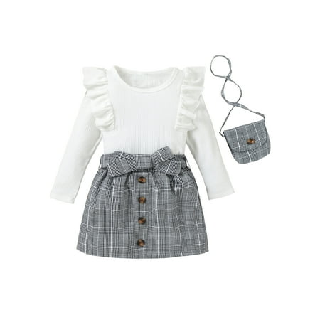 

Canrulo Toddler Baby Girls Fall Winter Outfits Long Sleeve Shirt Ribbed Knitted Pullover Top Plaid Skirt with Belt Bags Clothes White 5T