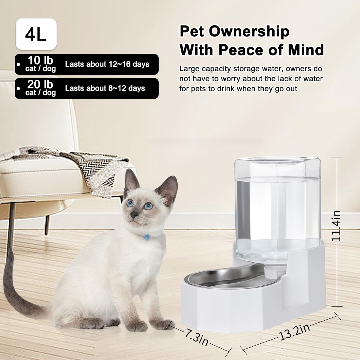RIZZARI 4L Automatic Pet Waterer - Gravity-fed Stainless Steel Water Dispenser, 100% BPA Free, Leak-proof, Easy to clean, Non Slip -Water Fountain for Cats and Dogs, Outdoor/Indoor