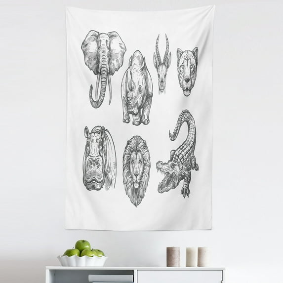Wildlife Tapestry, Wild Nature and Exotic Zoo Animals Hand-Drawn Style Illustration of Heads, Fabric Wall Hanging Decor for Bedroom Living Room Dorm, 5 Sizes, Charcoal Grey White, by Ambesonne