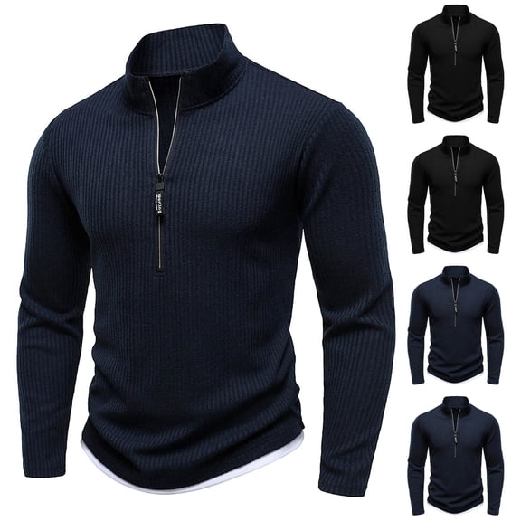 Mens Quarter Zip Sweater Mock Neck Casual Ribbed Knit Pullover Shirt Fall Lightweight Polo Sweaters Sweatshirt Size 3XL Navy