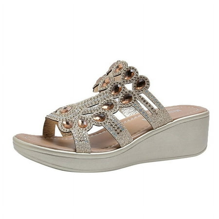 Wedge Sandals for Women Dressy Summer Rhinestone Glitter Open Toe Casual Wedge Heels Cutout Sandals Comfy Cute Beach Shoes-36