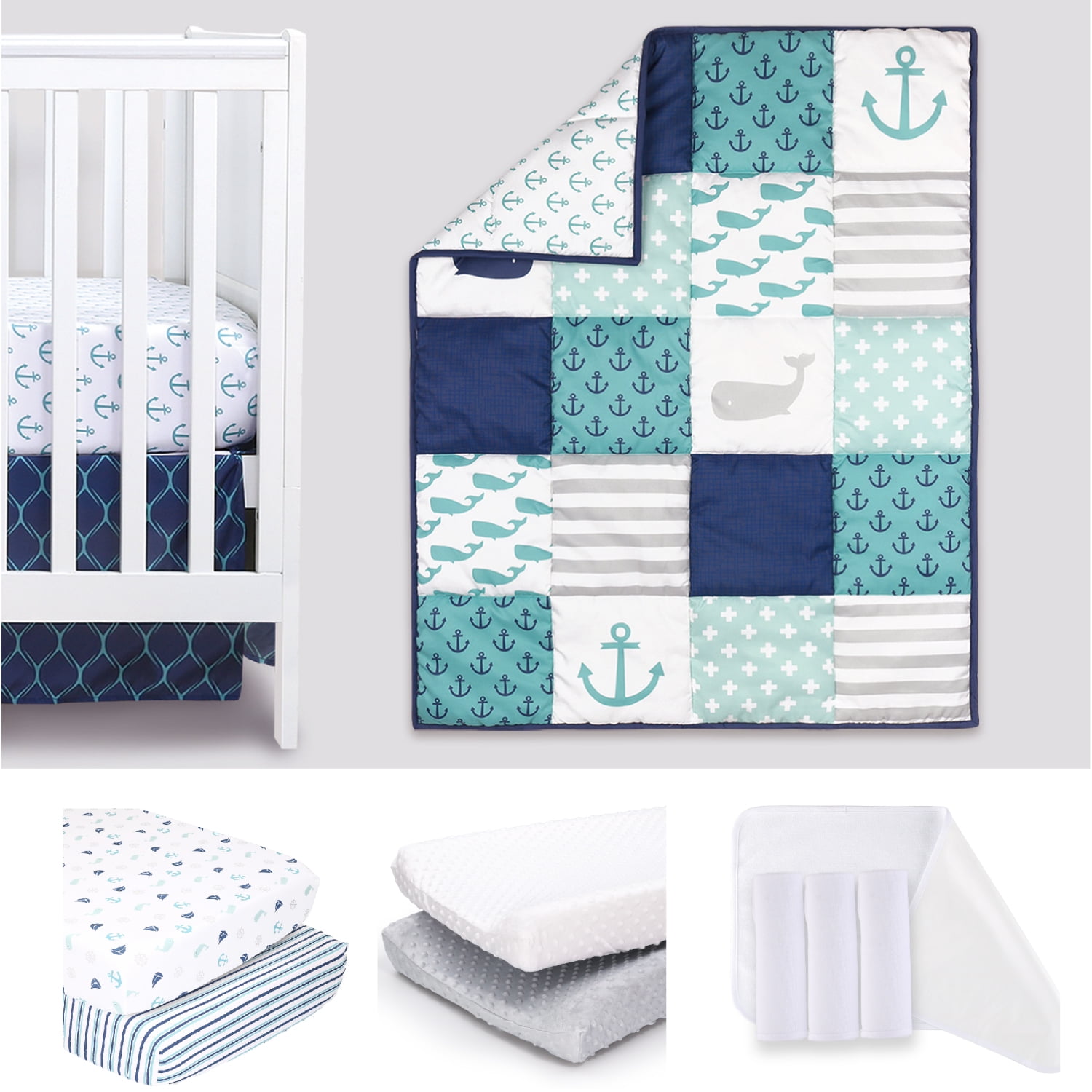 The Peanutshell Nautical 11 Piece Baby Nursery Crib Bedding Set, Quilt