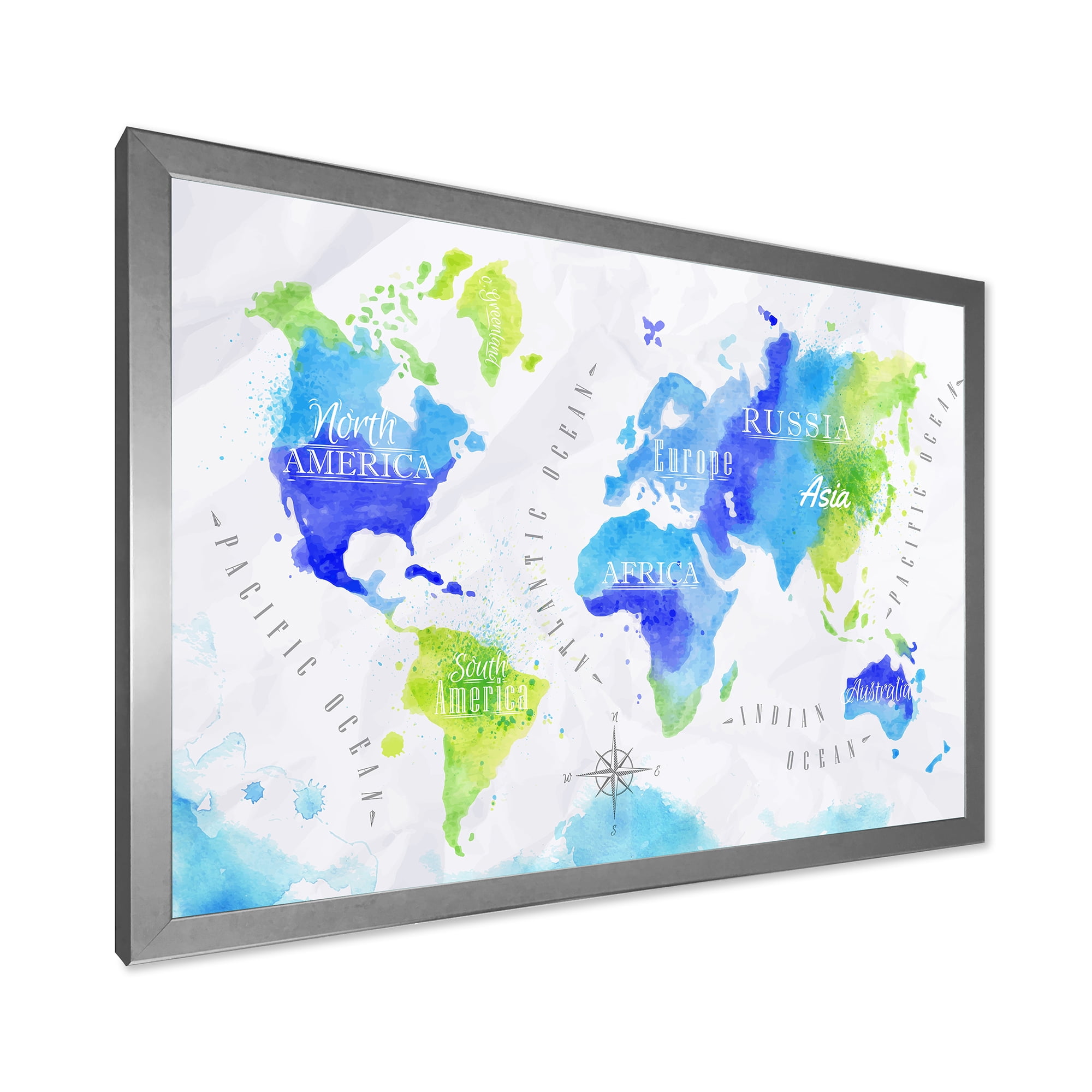 Designart 'World Map In Blue and Green' Modern Framed Art Print