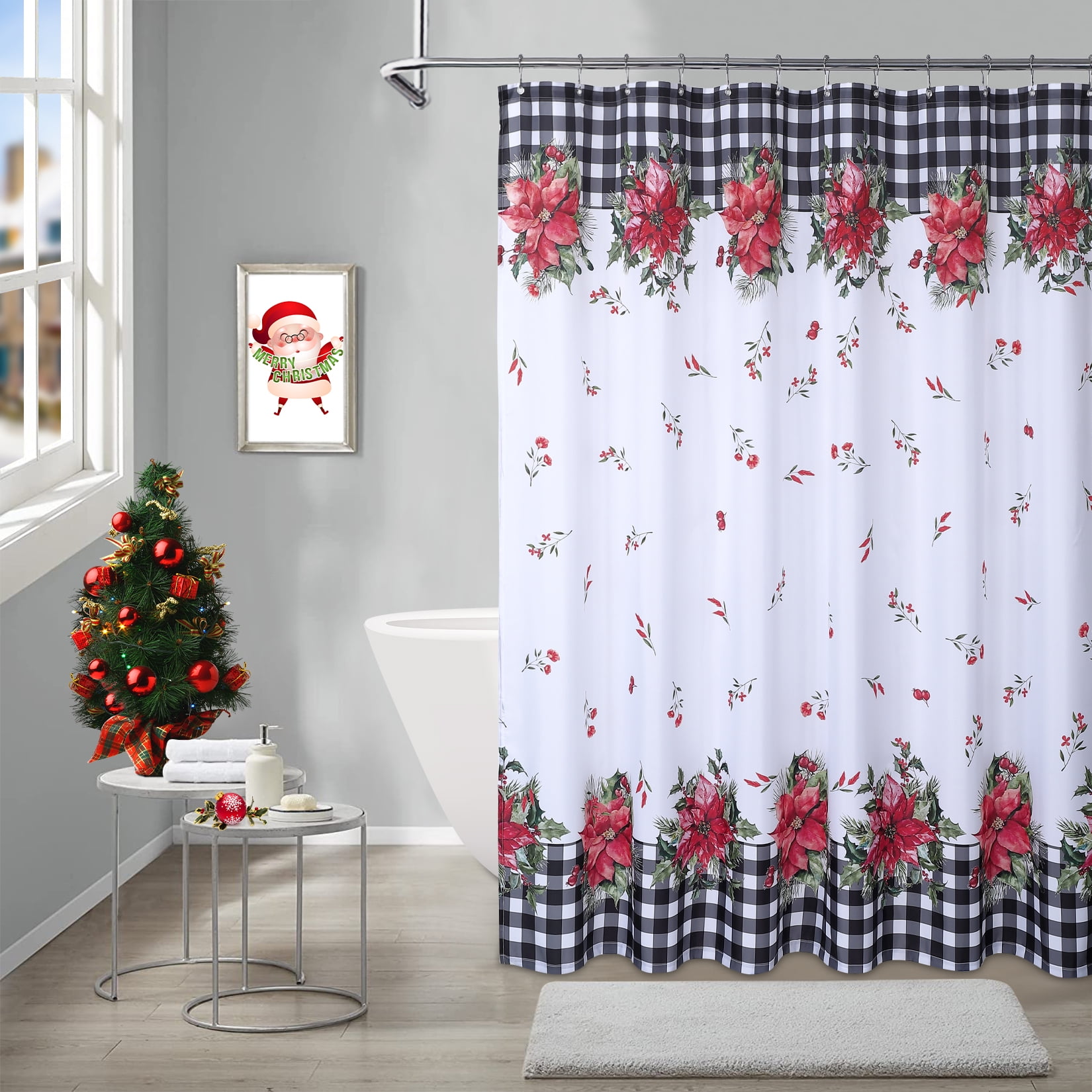 CAROMIO Plaid Christmas Shower Curtains Black and White Plaid Waterproof Fabric Curtains for
