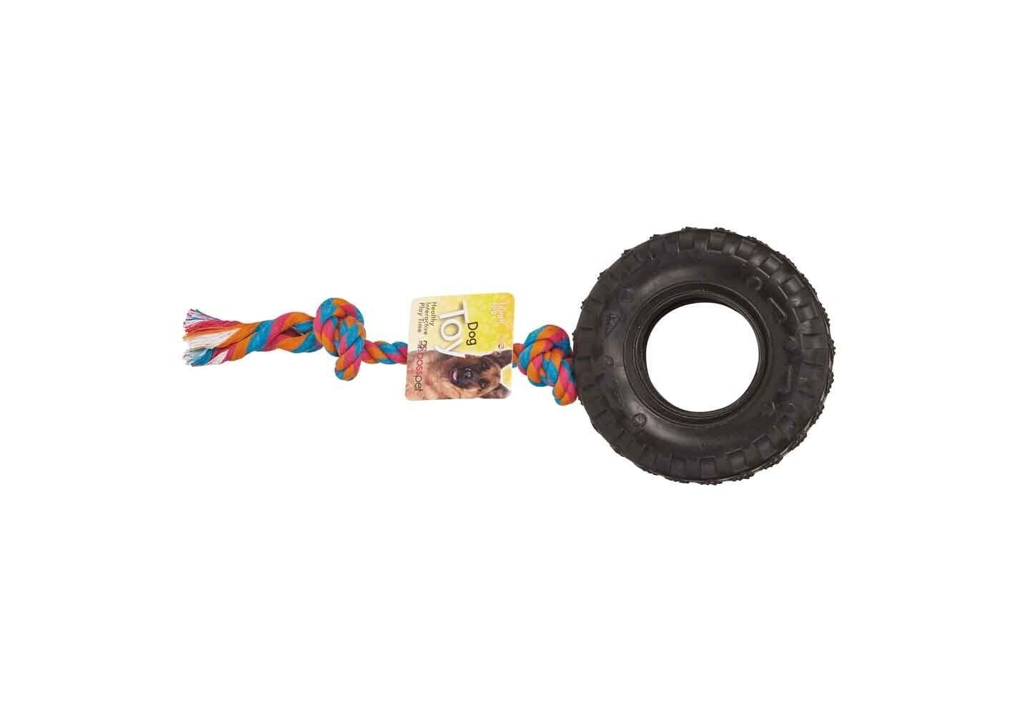Tire N Tug Heavy Duty Durable Rubber Dense Medium Large Dog Chew Toy With Rope