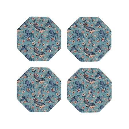 

Pofeuu Underwater Animals and Flowers Print Coasters for Drinks 4Pack PU Leather Coasters Bar Drink Coasters for Tabletop Protection Furniture from Damage-Octagon