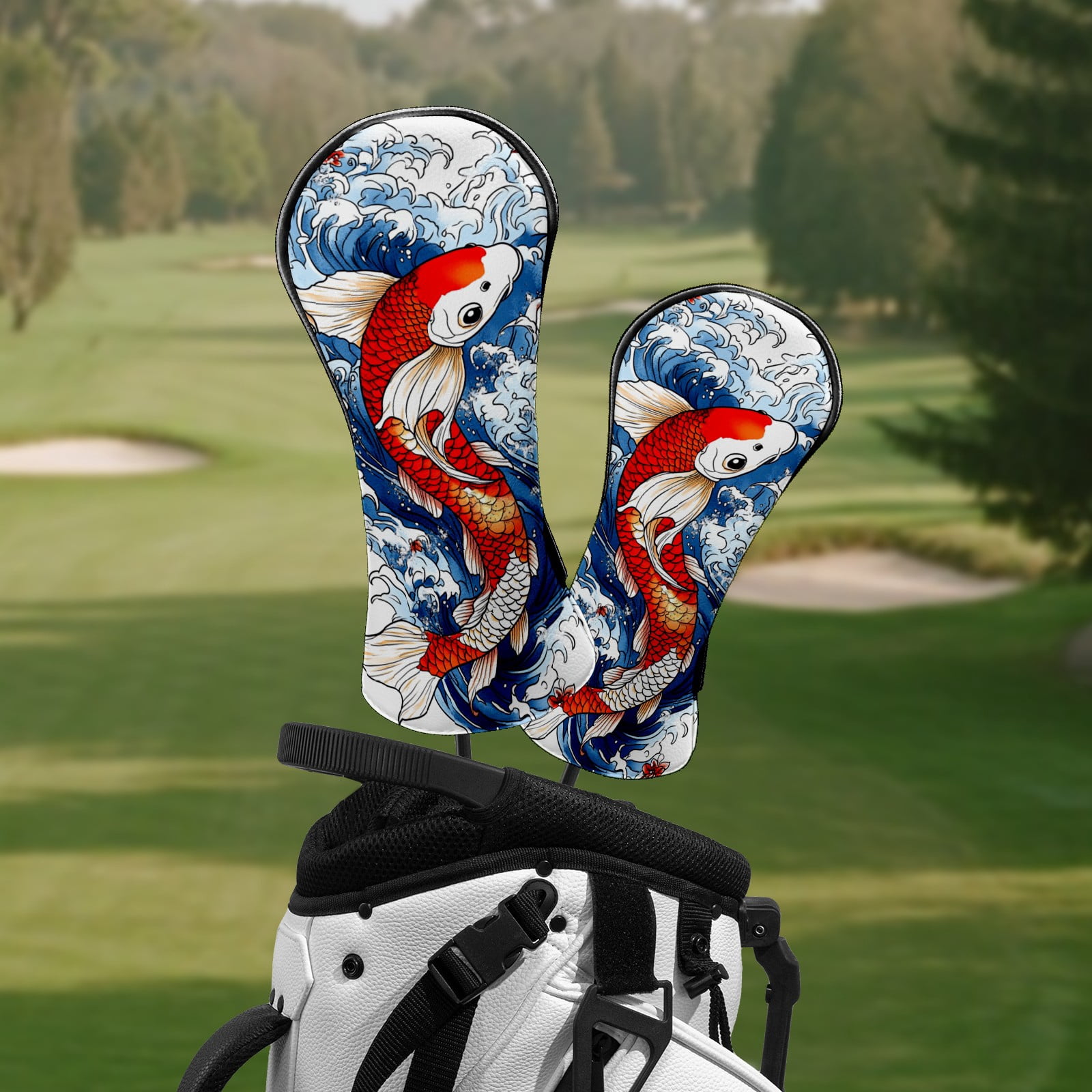 Golf Club Head Covers Koi Fish Blue Waves Premium Plush Velvet Lining, Waterproof Golf Headcovers Driver & Fairway Woods for Scratch Protection Novelty Gift for Men & Women