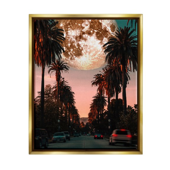 Stupell Industries Tropical Moon Sunset Botanical & Floral Painting Gold Floater Framed Canvas Art Print Wall Art, 17 x 21