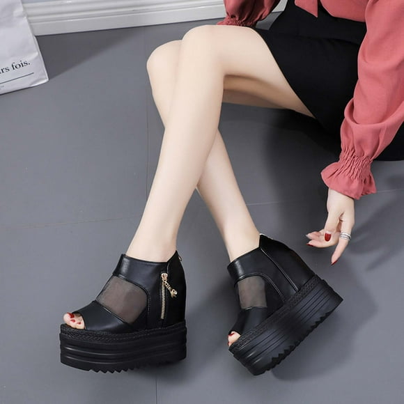 WIZUTIZ Platform Sandals Women Sandals Women Comfort Indoor Stretch Lacy Mesh Sandals Pull-On Round Toe Summer Shoes Mid Heel (2"-3") Medium Solid Sandals for Lady Vacation Victoria Day