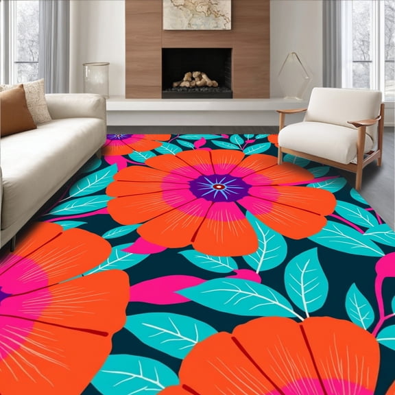 ODIKA 4'x6' Machine Washable Non-Slip Area Rug, Botanical Faux Hide Exotic Bloom High Traffic Rug, Orange, 299558