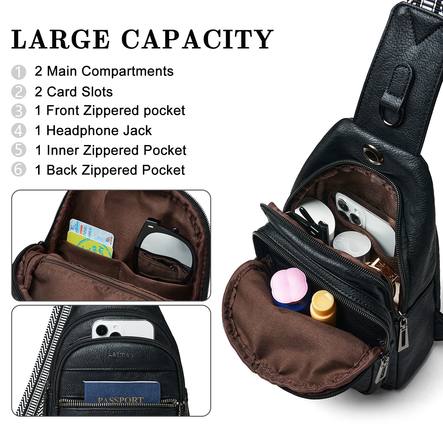 LATMAP Crossbody Sling Bag for Women, Adjustable Straps,  Suitable for travel and as a gift,  Black